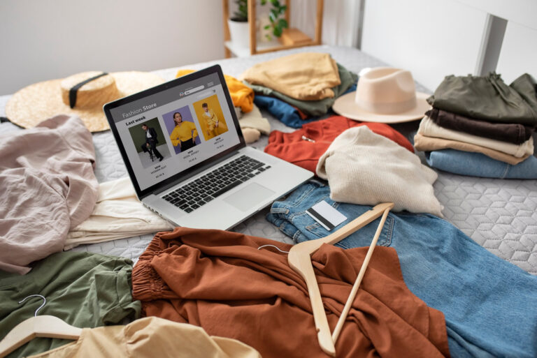Clothes and laptop on bed arrangement high angle