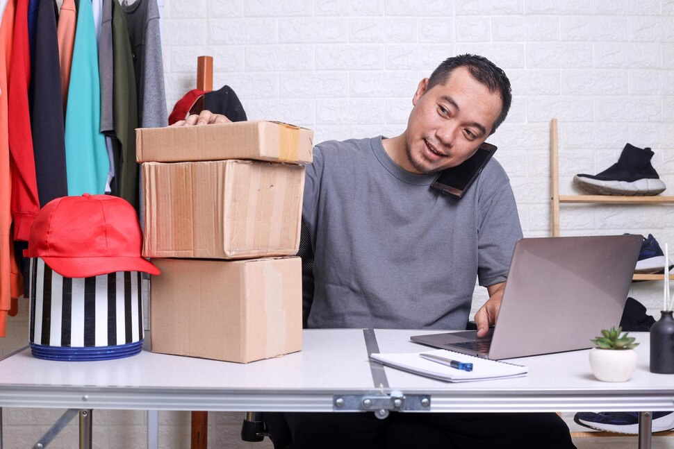Young Asian man start up small business owner having a phone call receving order with stack of boxe